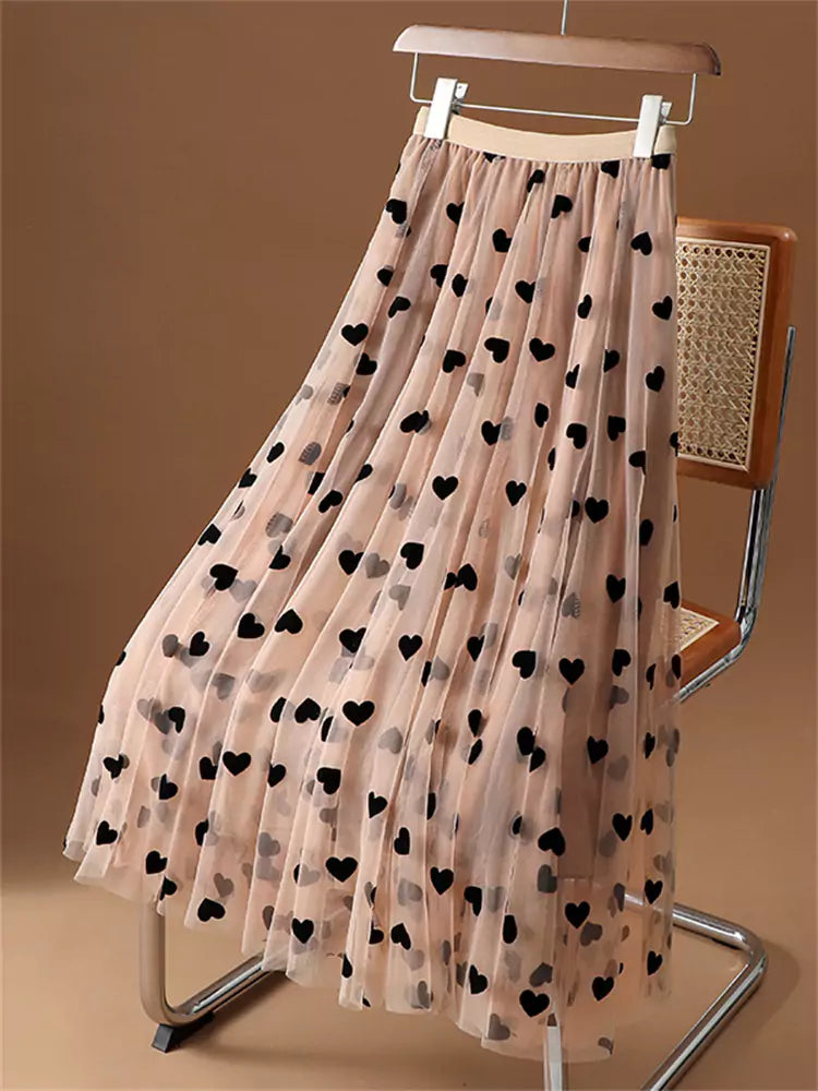 Falda midi de tul con corazones flocados, estilo vintage francés, de alta gama, para mujer