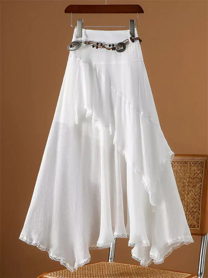 Asymmetrischer A-Linien-Midirock aus Baumwoll-Leinen-Mischgewebe mit Spitzenbesatz für Damen