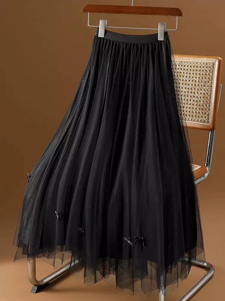 Hochwertiger, beidseitig tragbarer Tüllrock mit Schleife, unregelmäßigem Saum und A-Linien-Schnitt für Damen
