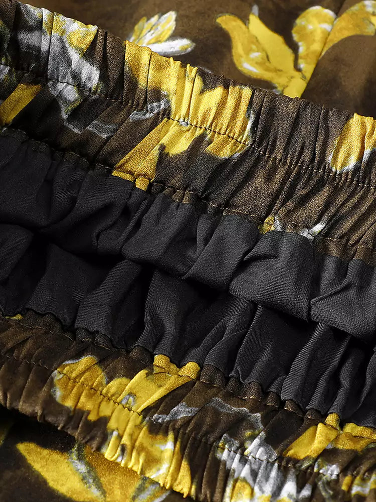 Sommerlicher gelber, geblümter A-Linien-Rock mit hohem Bund und Taschen für Damen