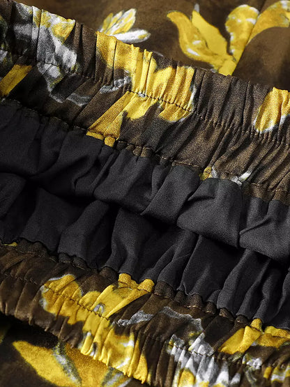 Sommerlicher gelber, geblümter A-Linien-Rock mit hohem Bund und Taschen für Damen