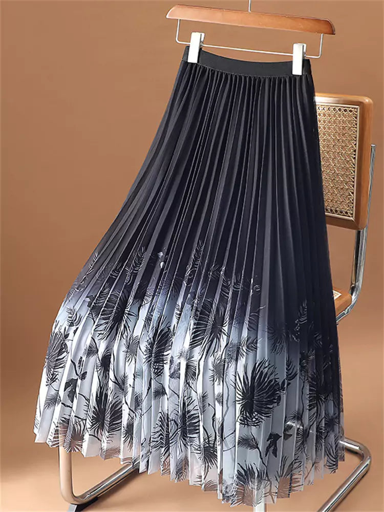 Black Ombre Pleated Mesh Midi Skirt for Women – Printed A-Line Slimming Design