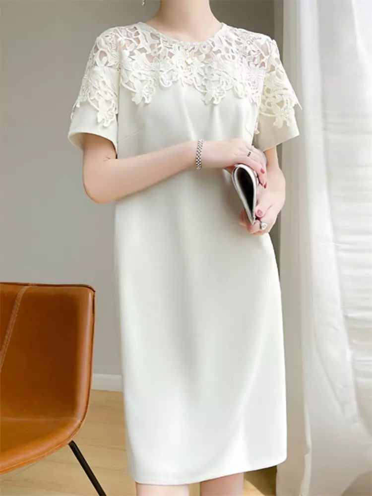 Vestido negro de acetato y encaje de seda para mujer: elegante vestido midi de manga corta.