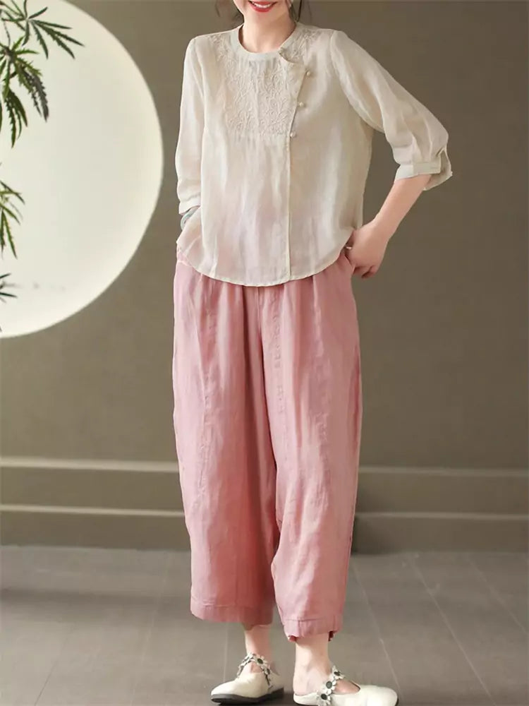 Vintage Chinese Style Green Asymmetric Placket Embroidered  Ramie Top for Women