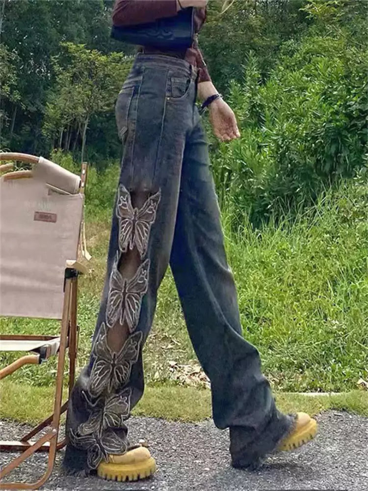Vintage-Jeans mit hohem Bund, Stickerei, weitem Bein und Schmetterlingsausschnitt für Damen