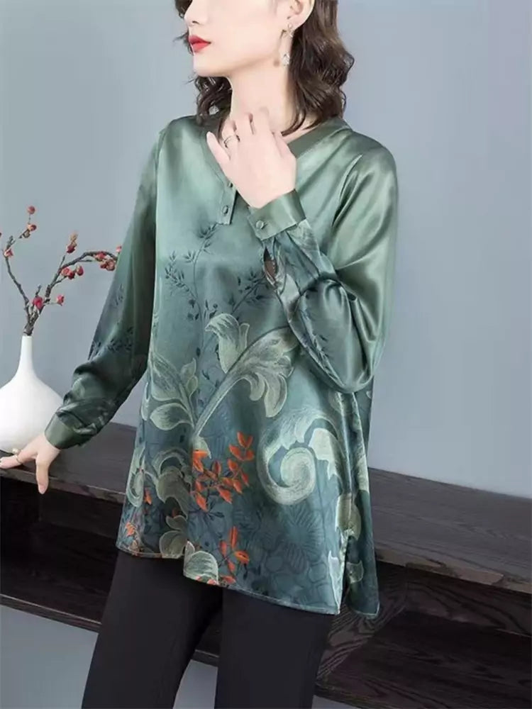 Plus Size Loose Fit Printed Mulberry Silk Blouse for Women