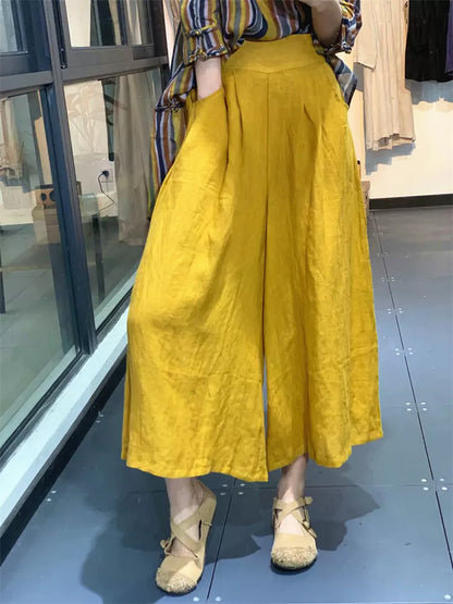 Artistic Minimalist Solid Color Pleated Culottes – Loose Fit Linen Wide-Leg Pants for Women