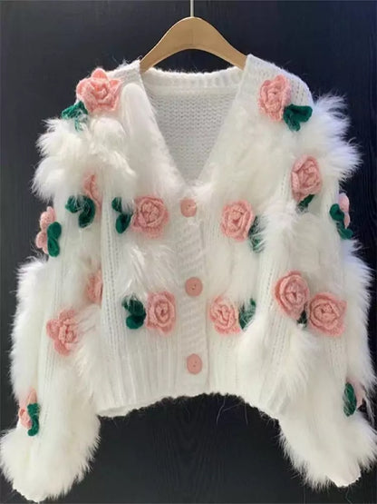 Cárdigan de crochet con rosas 3D y detalles florales peludos para mujer
