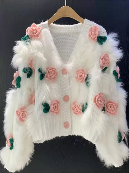 Cárdigan de crochet con rosas 3D y detalles florales peludos para mujer