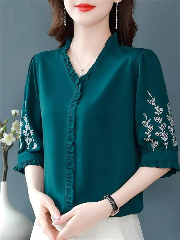 Elegant Plus Size Embroidered Ruffle Trim Loose Fit Chiffon Blouse with 3/4 Sleeves for Women