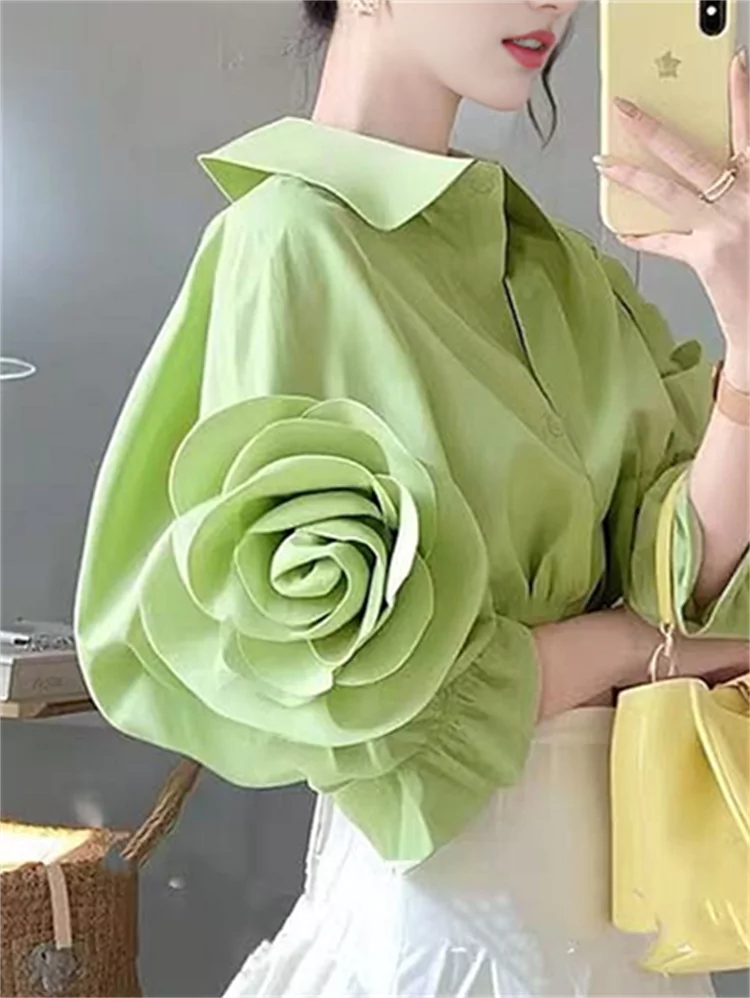 Chic High-End Green Short Sleeve Shirt with 3D Floral Design for Women