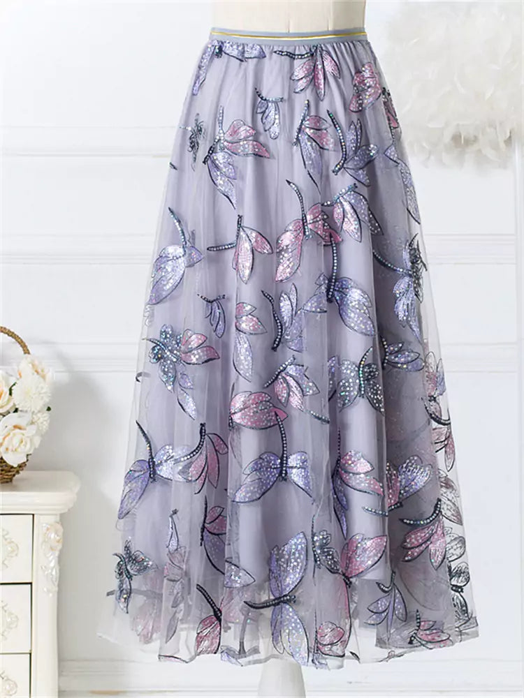 Fashion Sequin & Butterfly Embroidered Tulle Midi A-Line Skirt for Women