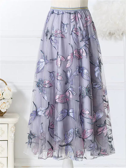 Modischer Pailletten- und Schmetterlingsstickerei-Tüll-Midirock in A-Linie für Damen