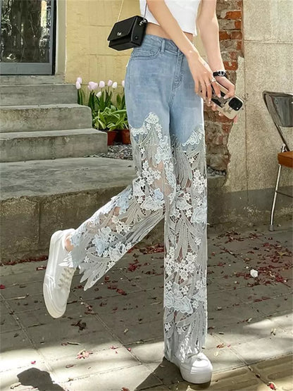 Vintage Straight Leg Denim Pants with Unique Lace Patchwork for Women