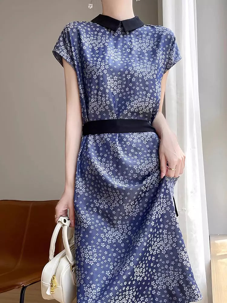Acetate Satin Printed Midi Dress with Doll Collar and Waist Tie for Women
