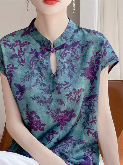 Vintage Chinese Style Jacquard Satin Short Sleeve Loose Blouse for Women