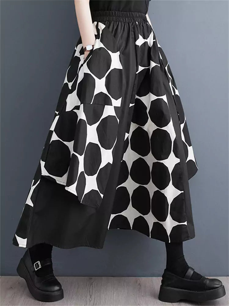 Loose Dark Style Polka Dot Patchwork A-Line Skirt for Women