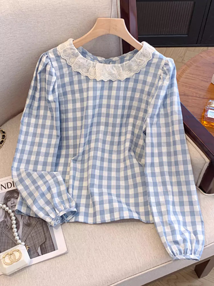 French Style Long Sleeve Plaid Shirt with Lace Trim for Women