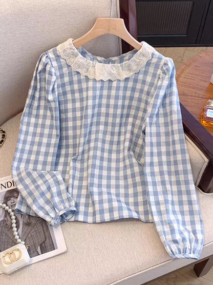 Französisches Langarm-Karohemd mit Spitzenbesatz für Damen