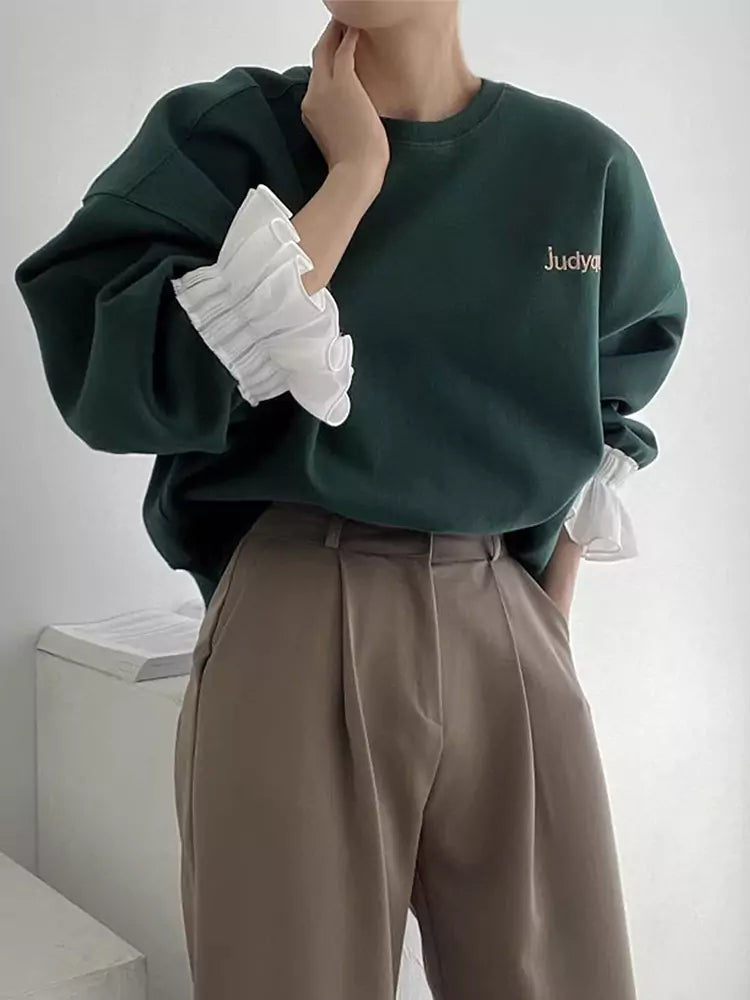 Chic Vintage Round Neck Patchwork Balloon Sleeve Loose Letter Embroidered Sweatshirt for Women