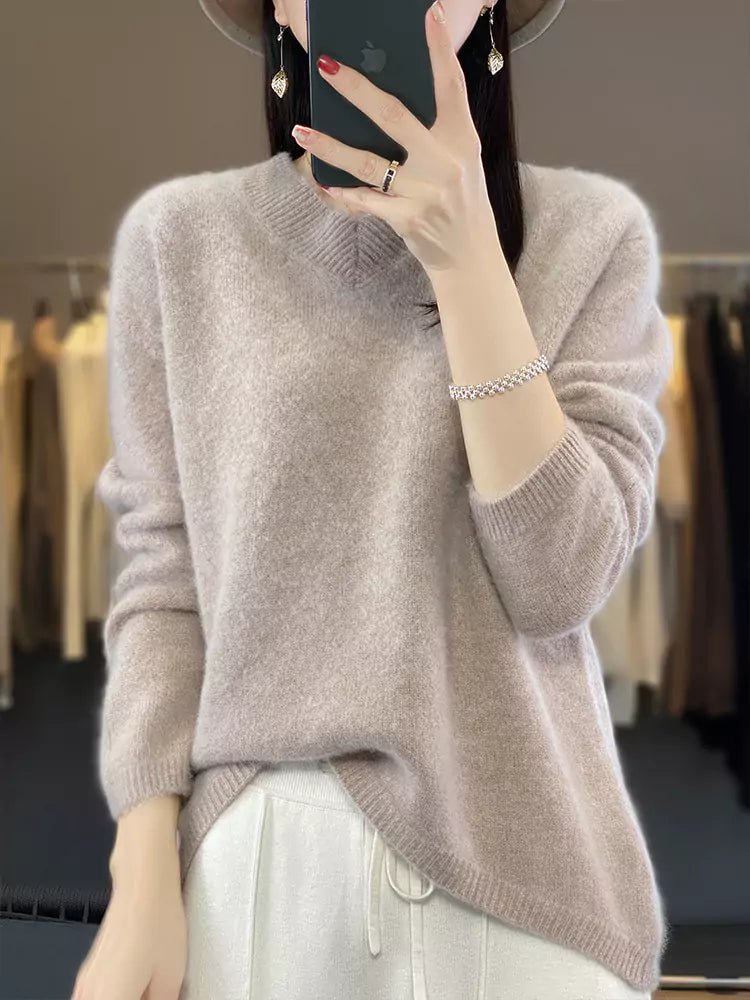 Women’s Camel V-Neck Wool Sweater with High-Low Hem in Loose Thickened Cozy Style