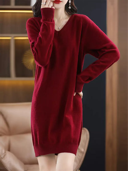 Grüner Damen-Wollpullover mit V-Ausschnitt, lockerer Passform und mittellangem, figurbetontem Design