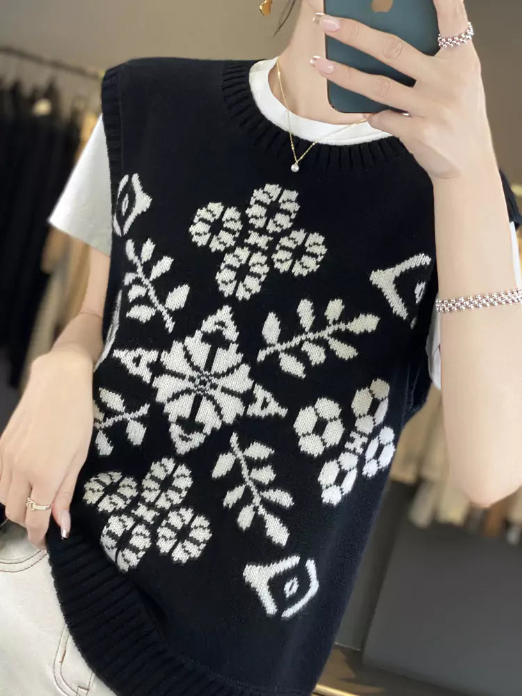 Farbblock-Wollweste mit Blumenmuster und Rundhalsausschnitt für Damen im lässigen Stil