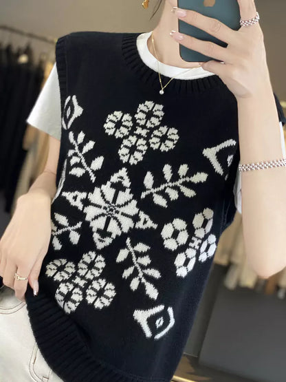 Farbblock-Wollweste mit Blumenmuster und Rundhalsausschnitt für Damen im lässigen Stil