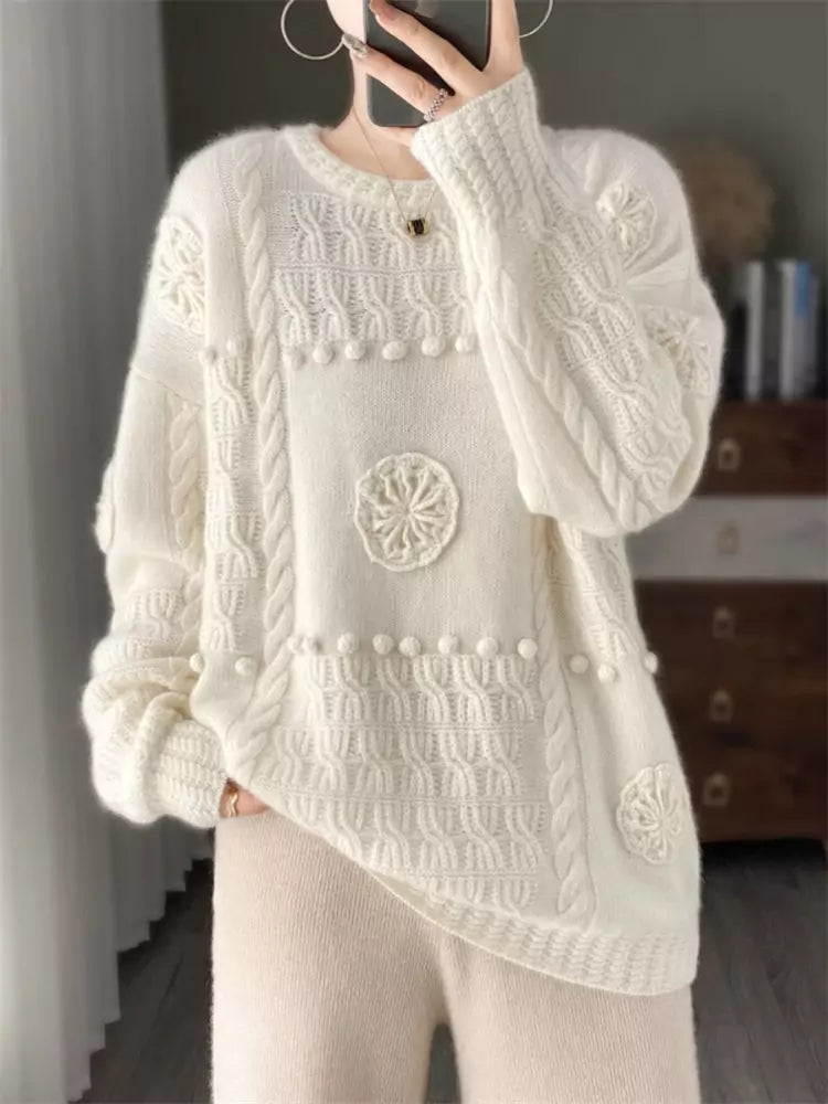 Vintage Round Neck Pullover Wool Sweater for Women with 3D Floral Embroidery