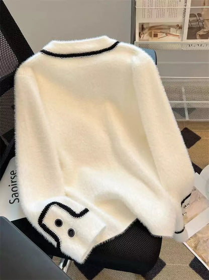 Cárdigan de punto de lana de visón sintético blanco de moda para mujer con detalle de lazo