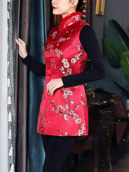 Stilvolle, rot bestickte, mittellange Weste im chinesischen Vintage-Stil mit pelzbesetztem Stehkragen für Damen