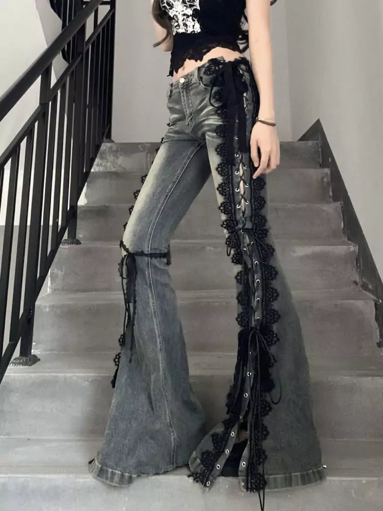 Vintage Plus Size Slim Fit Lace-Up Split Denim Flared Pants for Women