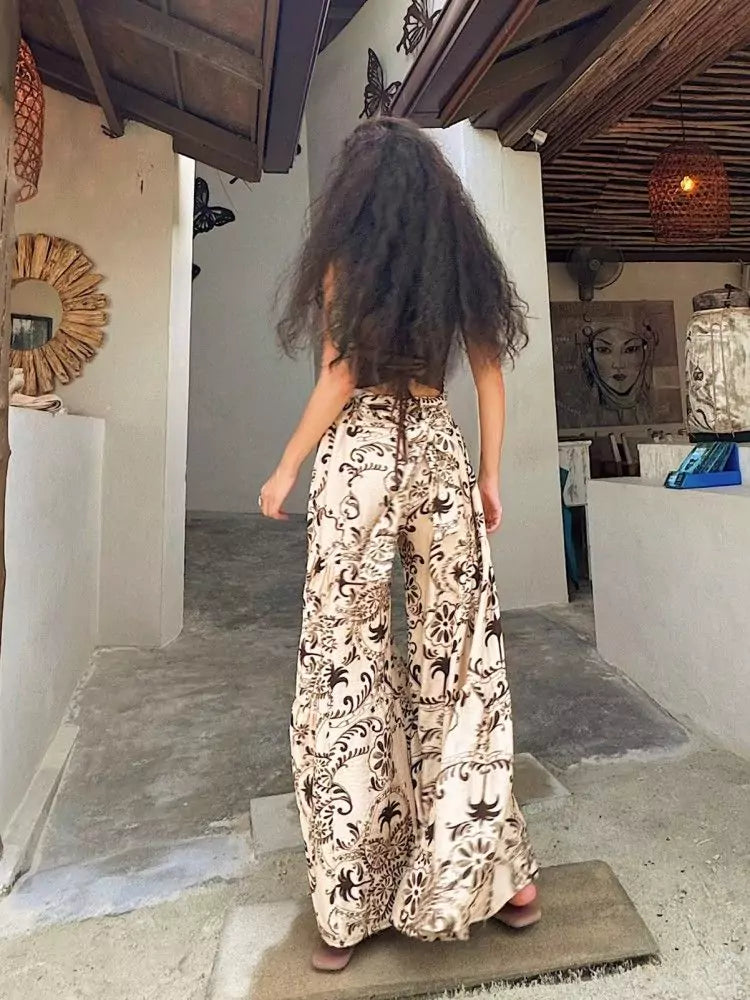 Pantalones anchos elegantes de estilo bohemio con estampado marrón para mujer, talla grande