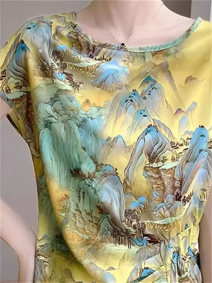 Elegante, rosafarbene Sommerbluse mit chinesischem Tuschemalerei-Print und kurzen Ärmeln