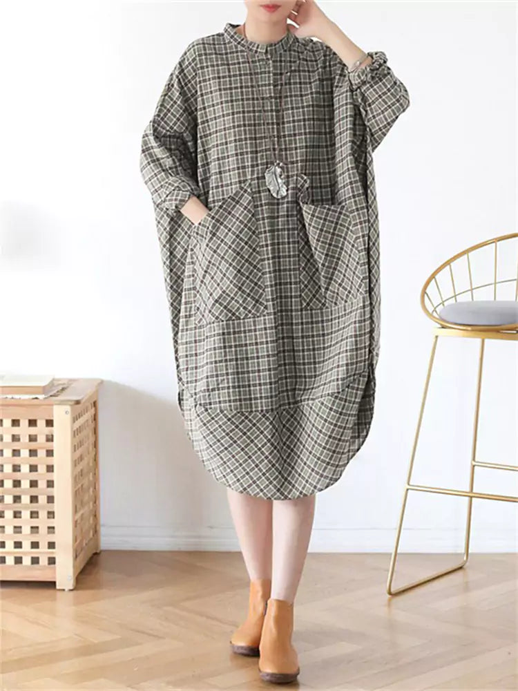Vintage Plaid Loose Fit Dress with Pockets for Women