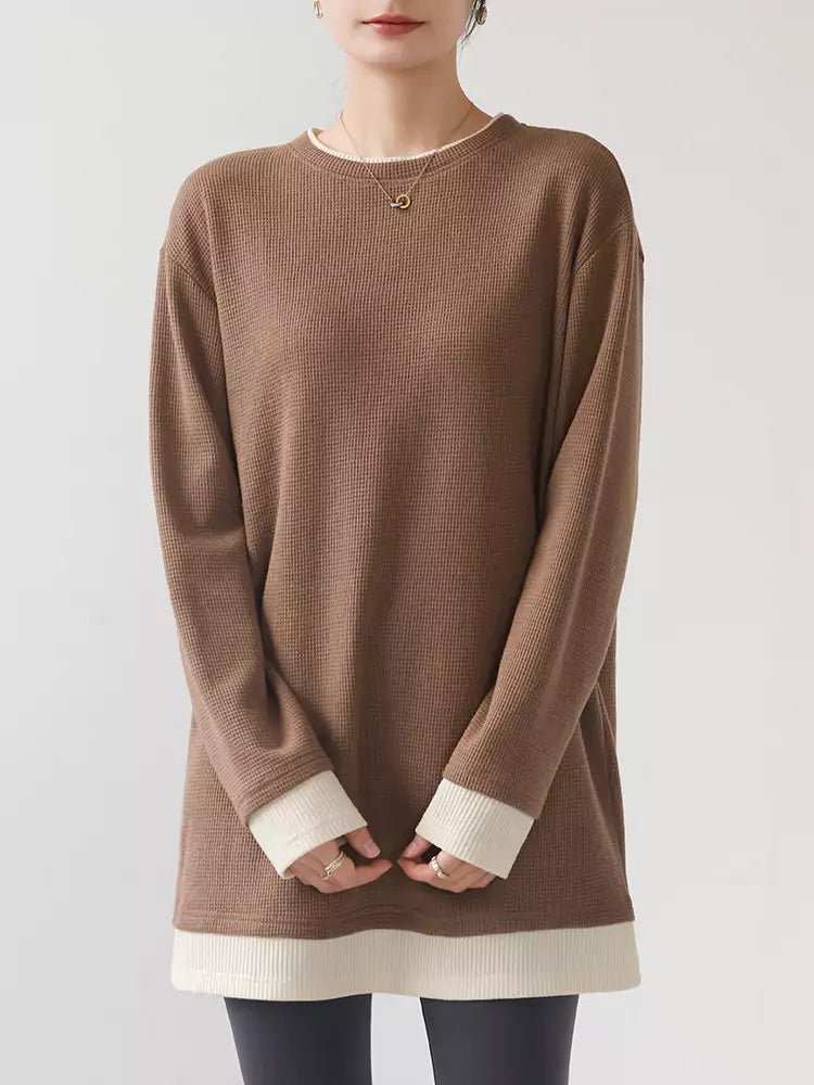 Two-in-One Coffee Color Block Long Sleeve T-Shirt for Women