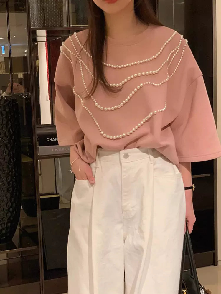 Aprikosenfarbenes, perlenbesetztes Kurzarm-T-Shirt für Damen