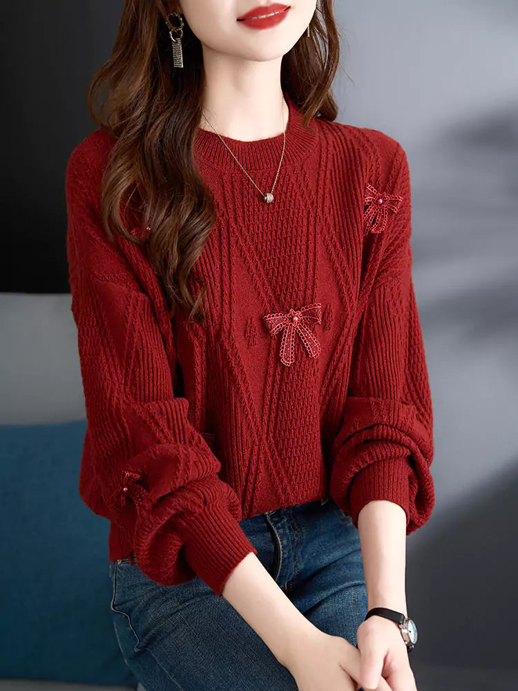Damen-Strickpullover mit roter Schleife – Kurzer Pullover für Herbst und Winter