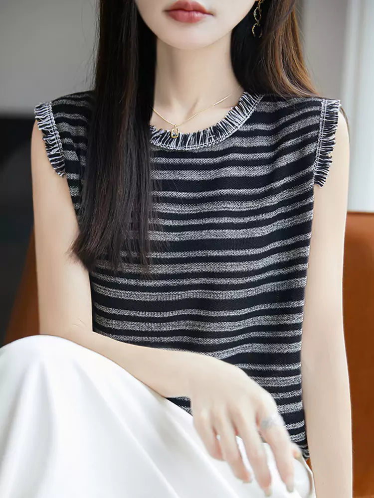 Striped Short Sleeve Ice Silk Knit T-Shirt for Women