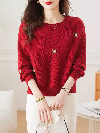 Suéter rojo bordado para mujer: jersey corto de punto para otoño e invierno
