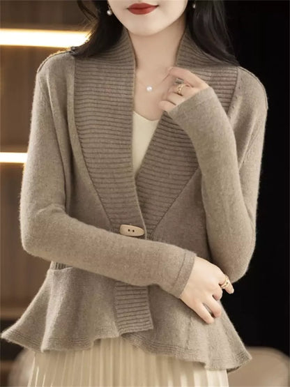 Cárdigan de punto verde con cuello en V para mujer: elegante chaqueta informal tipo suéter