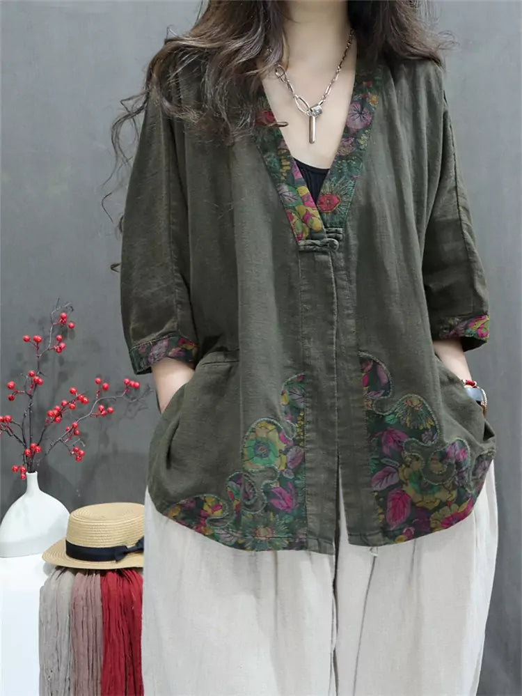 Women’s Vintage Printed Linen Blouse – Loose Fit Casual Buttoned Top