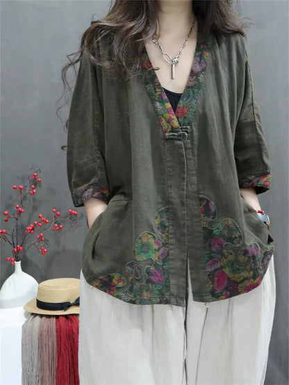 Vintage-Leinenbluse für Damen mit Print – Lässiges, locker geschnittenes Oberteil mit Knöpfen