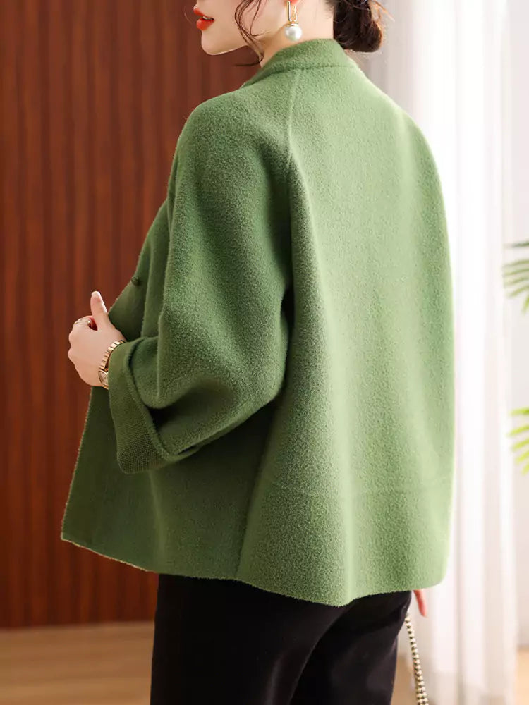 Grüner Stehkragenmantel mit Mandarin-Knopfleiste für Damen