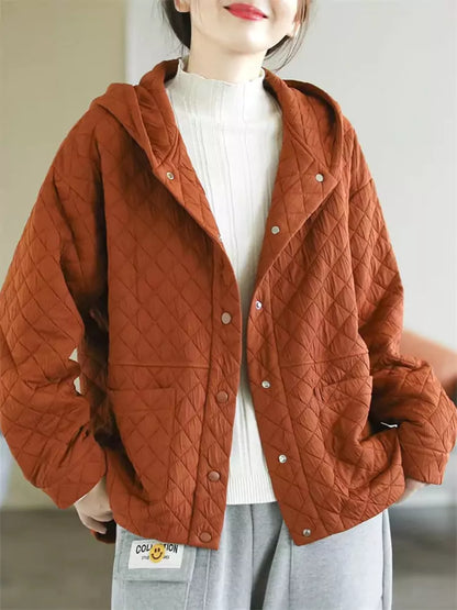 Orangefarbene, wattierte Baumwolljacke mit Kapuze für Damen