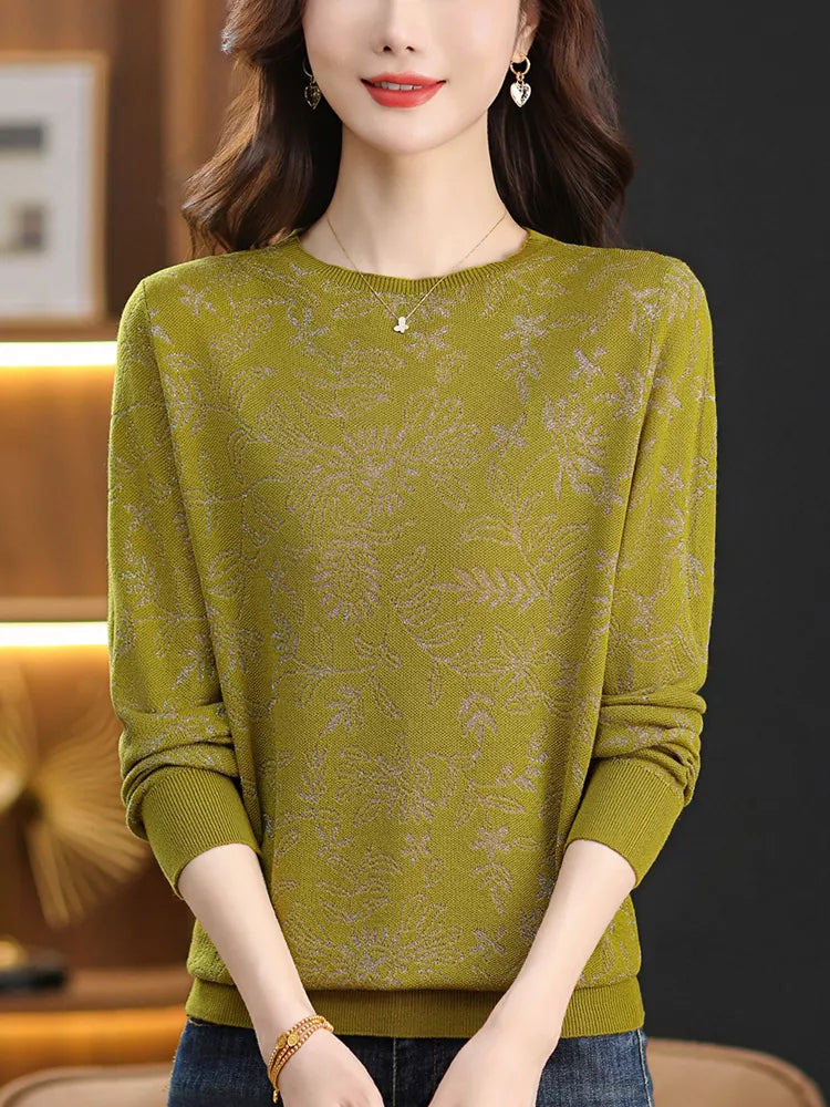 Elegante top de punto jacquard con cuello redondo para mujer