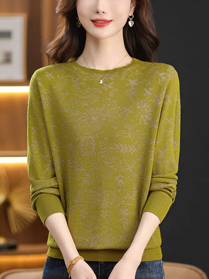 Elegante top de punto jacquard con cuello redondo para mujer