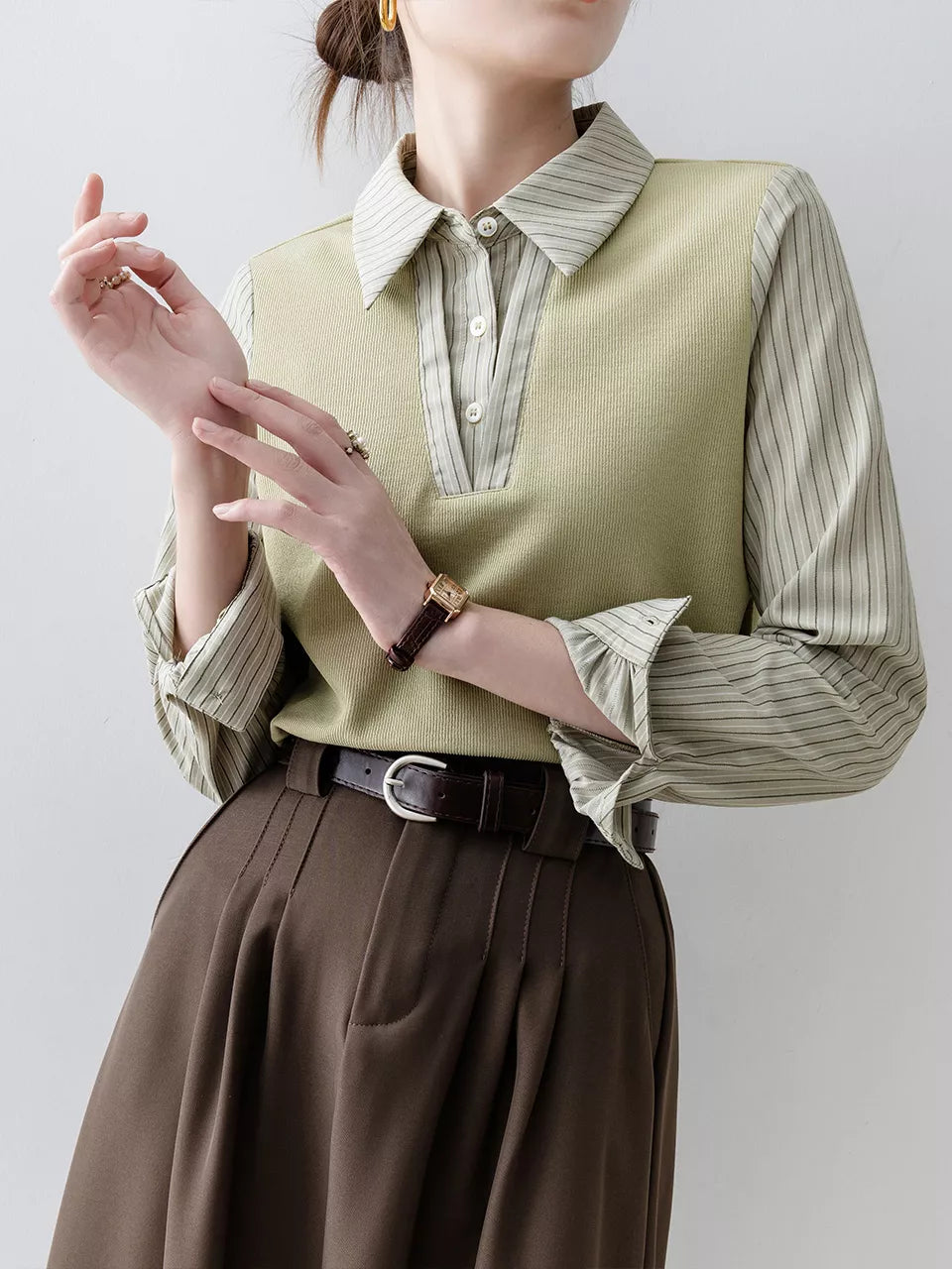 Stylish French Style Green Layered-Look Patchwork Shirt for Women