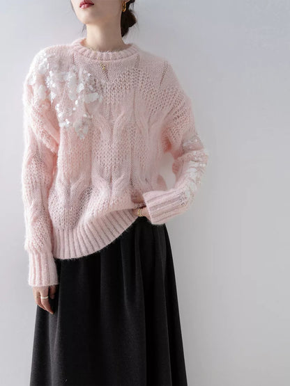 Suéter de punto de mohair con lentejuelas rosas para mujer