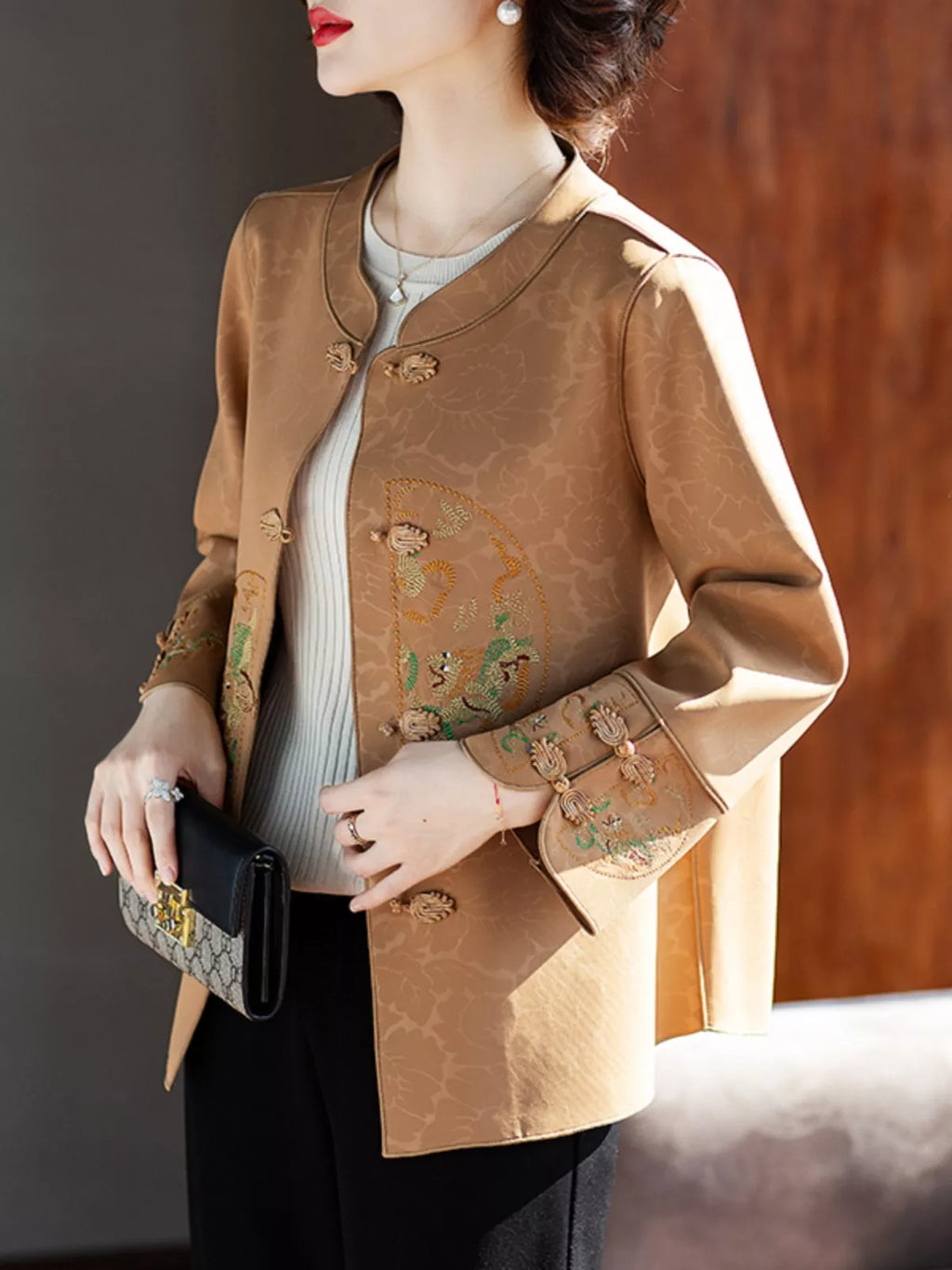 Khaki Loose Stand Collar Printed Jacket for Women